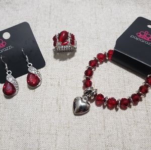 Earrings, bracelet abs ring silver and red